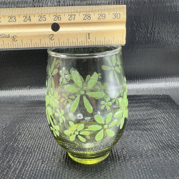 Libbey Green Lowball Glasses With Embossed Floral Design Cups Set 4 Cups 3.5inch - Picture 4 of 10